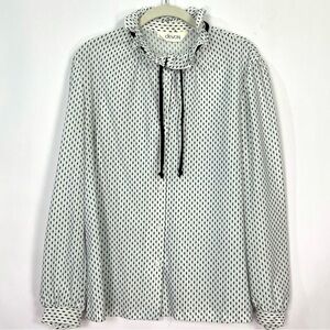 Vintage Devon White and Black Polka Dot Ruffle Tie Neck Button Up Blouse Large
